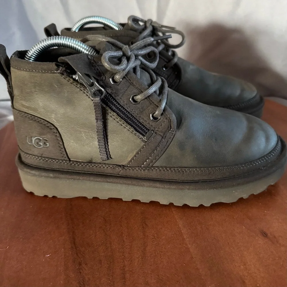 UGG Neumel Zip Chukka Boots Mens Size 6 Grey Leather Side Zip Fur‎ Lined Unisex